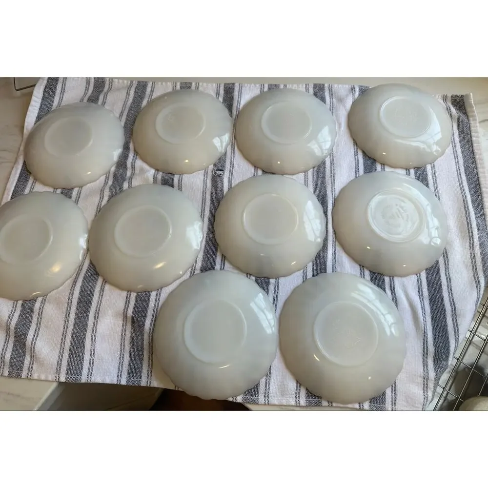 Vintage Anchor Hocking Suburbia Milk Glass Gold Trim Bread Dessert Plates Set 10